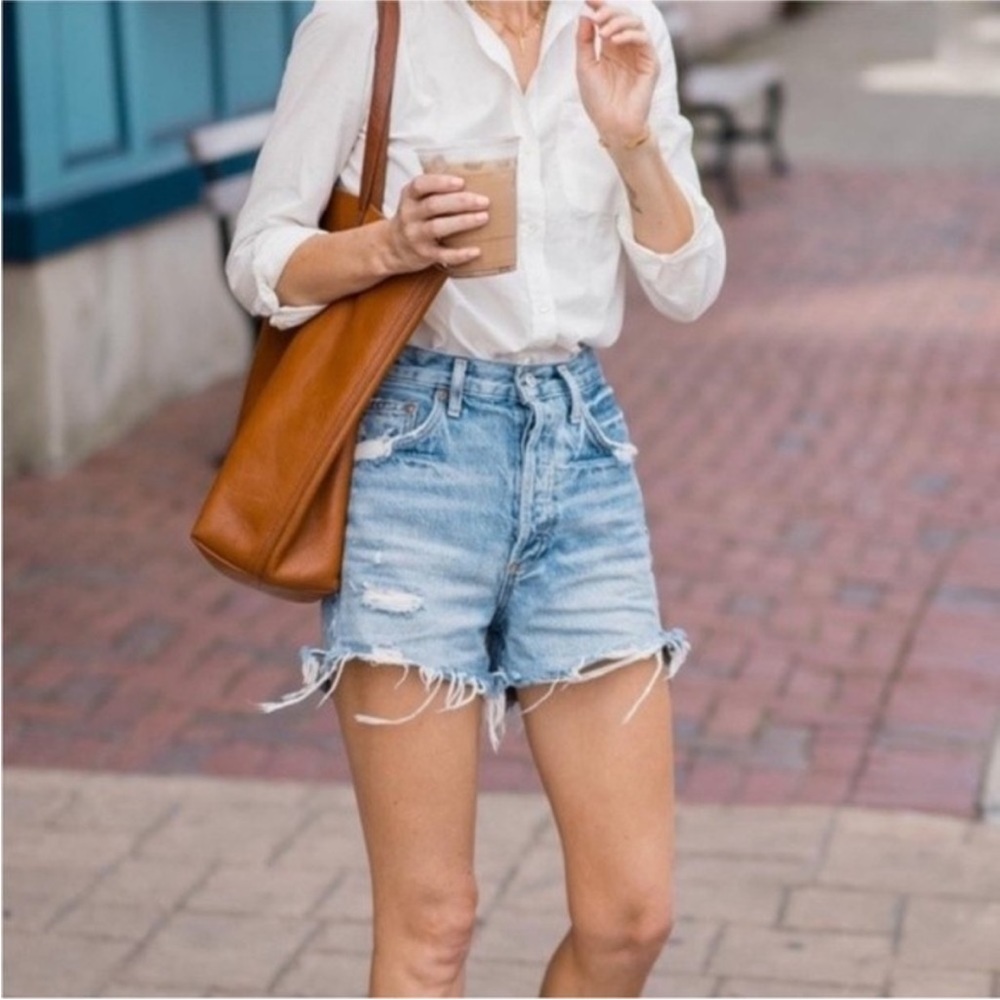 Agolde Light Blue Distressed Denim Jean Shorts